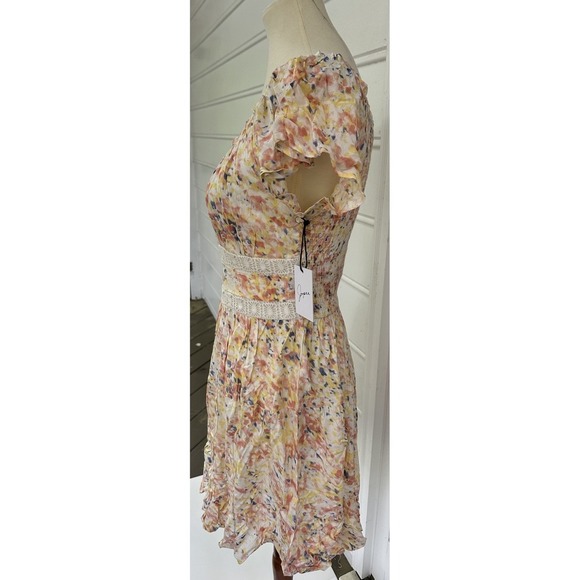 Women's Multicolor Smocked Shoulders Sundress Sz M peach/blue/yellow - Picture 4 of 5